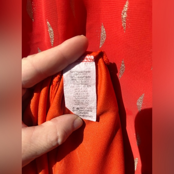 Buttons Brand vibrant orange and gold lined dress. Sheer overlay. Size M. - Picture 6 of 10